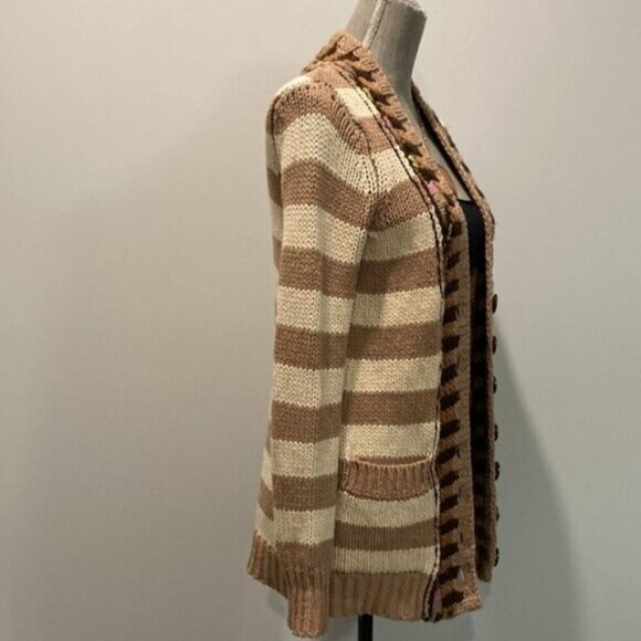 Anthropologie Cardigan with Stripes & Crochet Details Size Small Beige/Tan - Picture 7 of 14